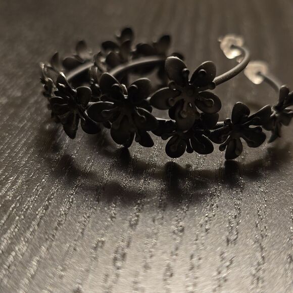 Matte Black Floral Design Hoop Earrings - Picture 2 of 9